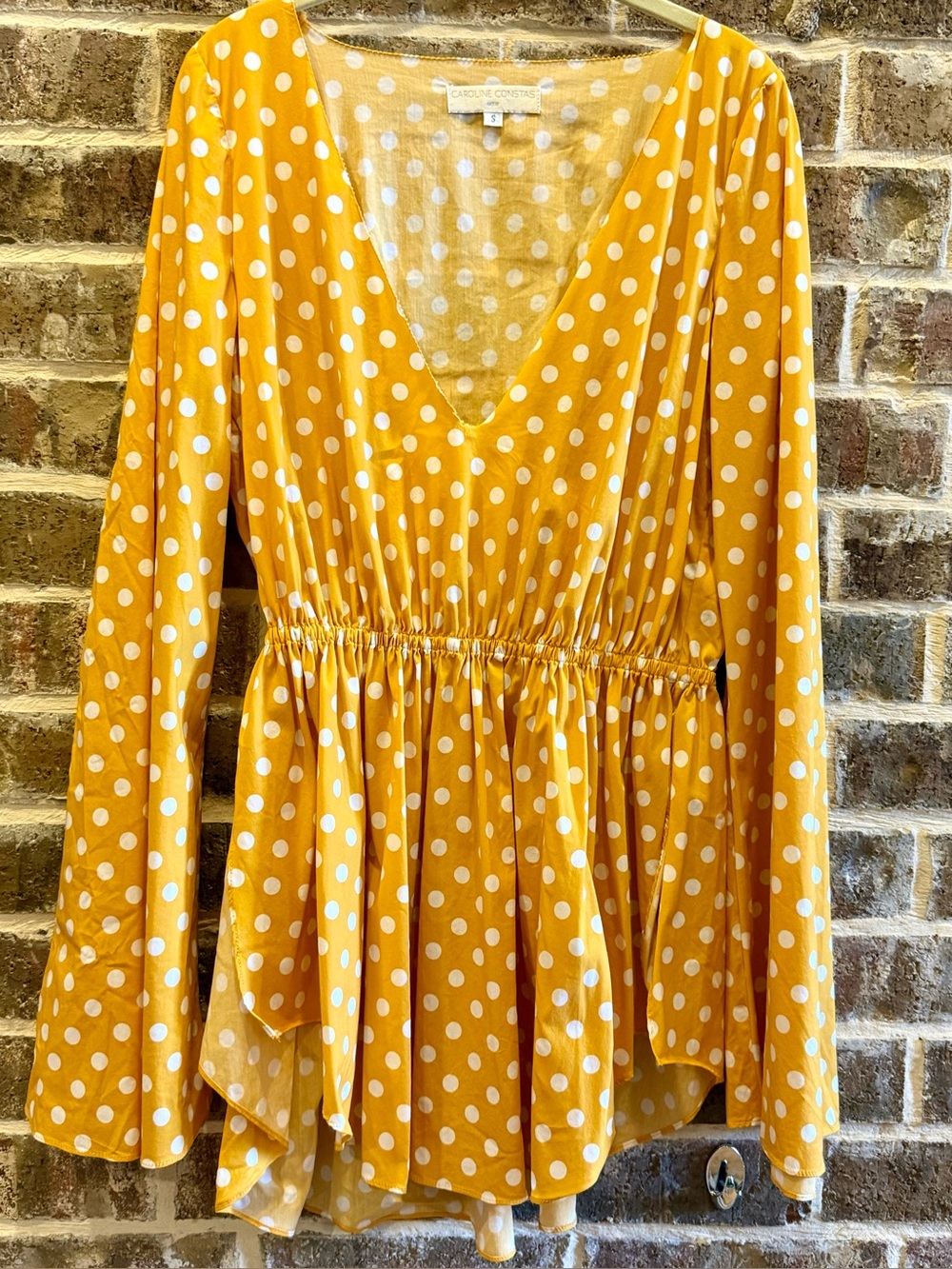 Caroline Constas Mustard Polka Dot V-Neck Peplum Blouse
